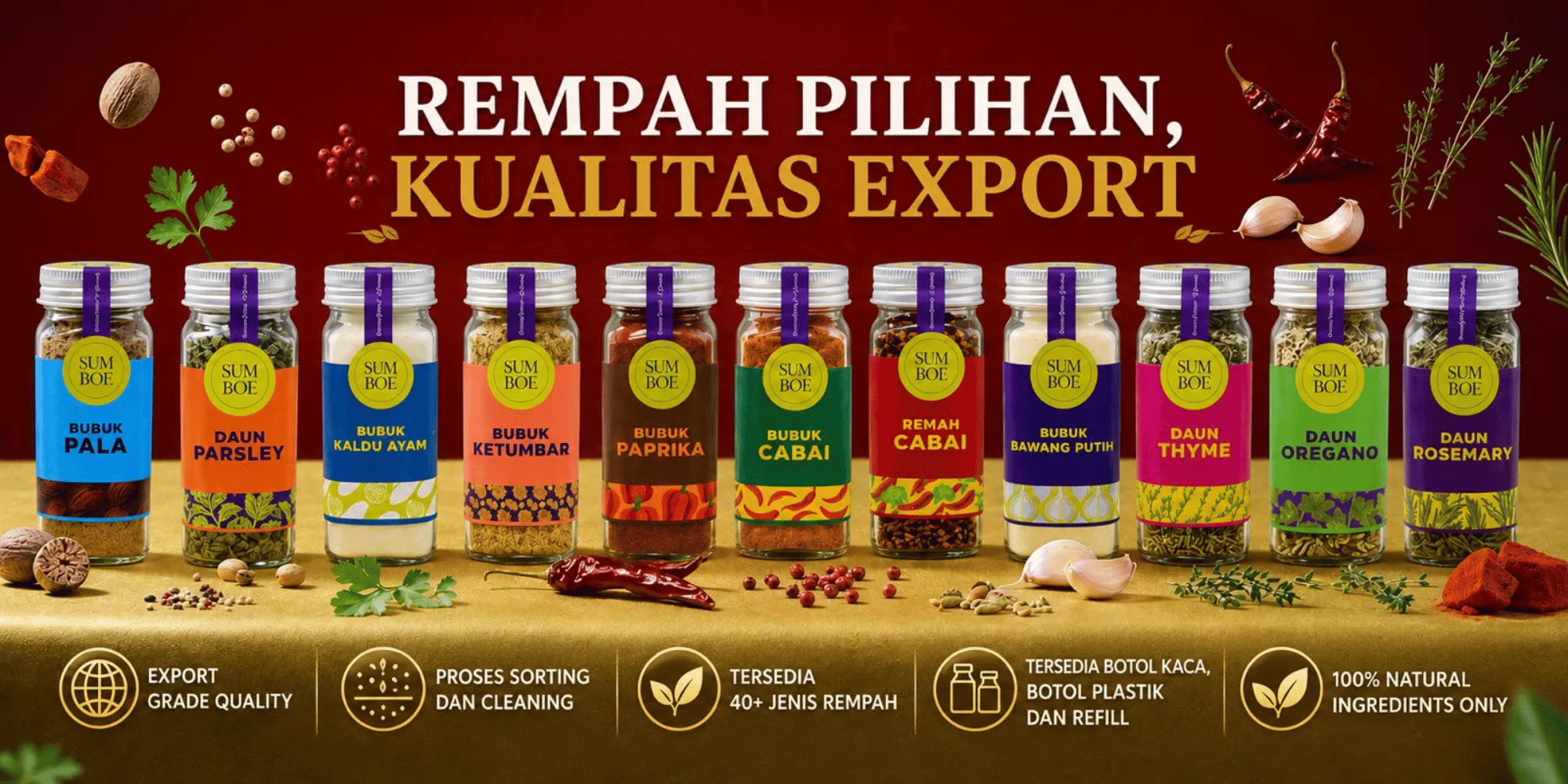 Rempah Pilihan, Kualitas Export — deretan botol kaca Sumboe Spices berbagai rempah dan herbs